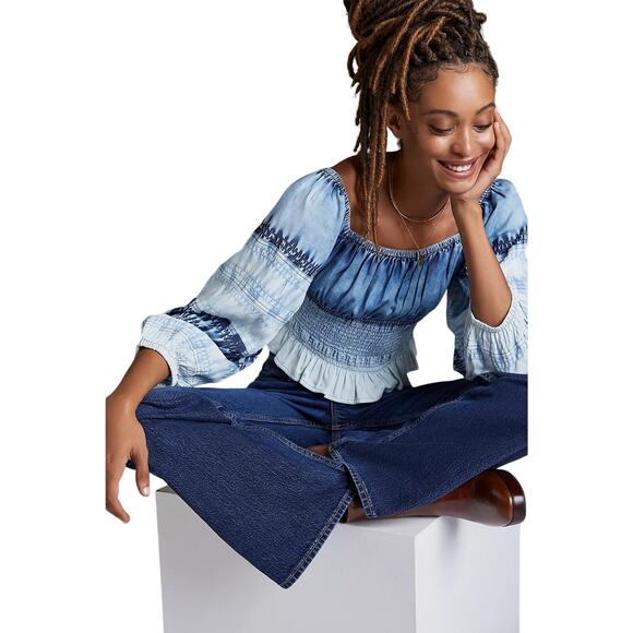 Pilcro Smocked Chambray Off Shoulder Blouse Blue Anthropologie Women XS - Picture 4 of 6